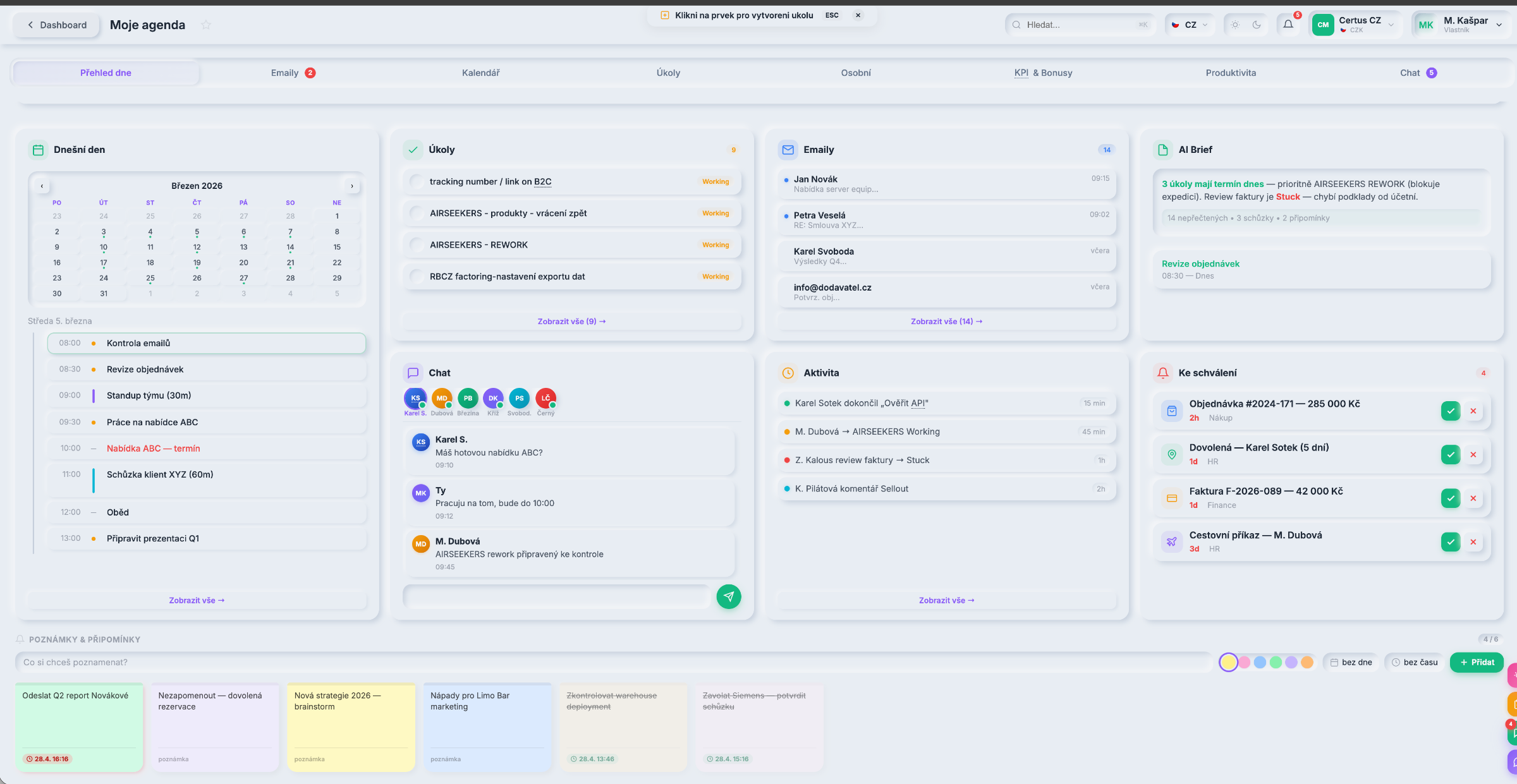 Moje agenda — daily overview with tasks, emails, calendar, chat, AI brief, and approvals